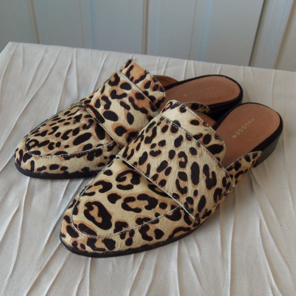 Halogen Leopard Print Calf Hair Slide On Mules sz 5